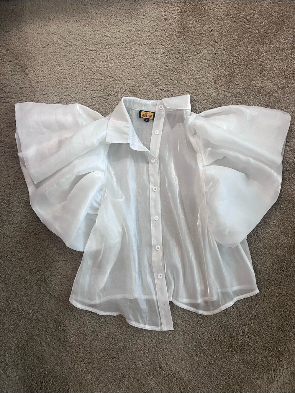 Love Highlight Sheer White Puff-Sleeve Button-Down Blouse Y2K Medium